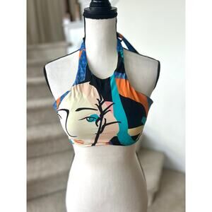 Seafolly Australia Abstract Blue & Orange Face Print Halter Bikini Top